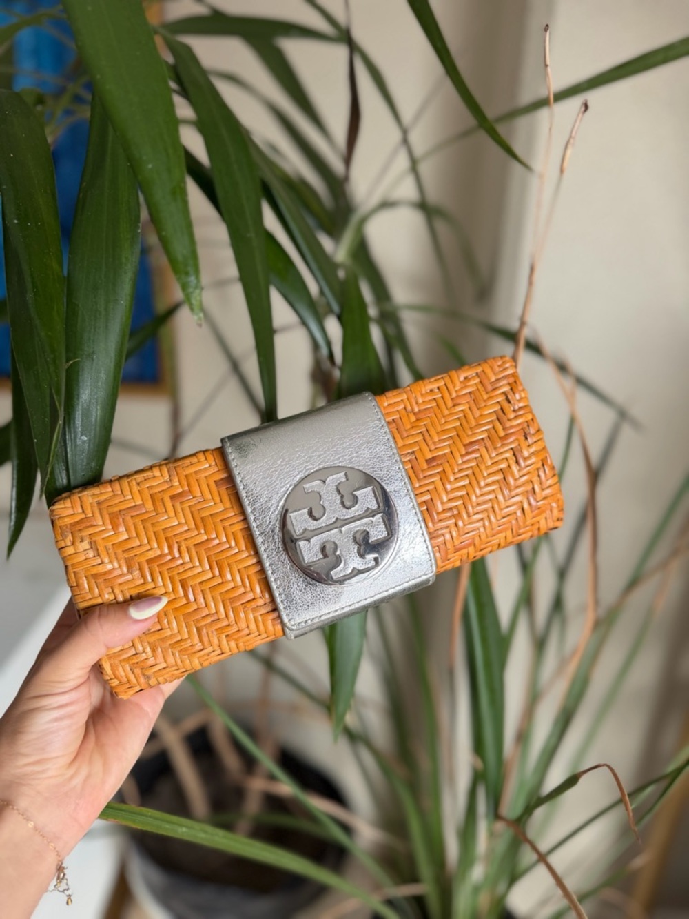 Tory Burch Rattan Clutch with Silver Logo Band